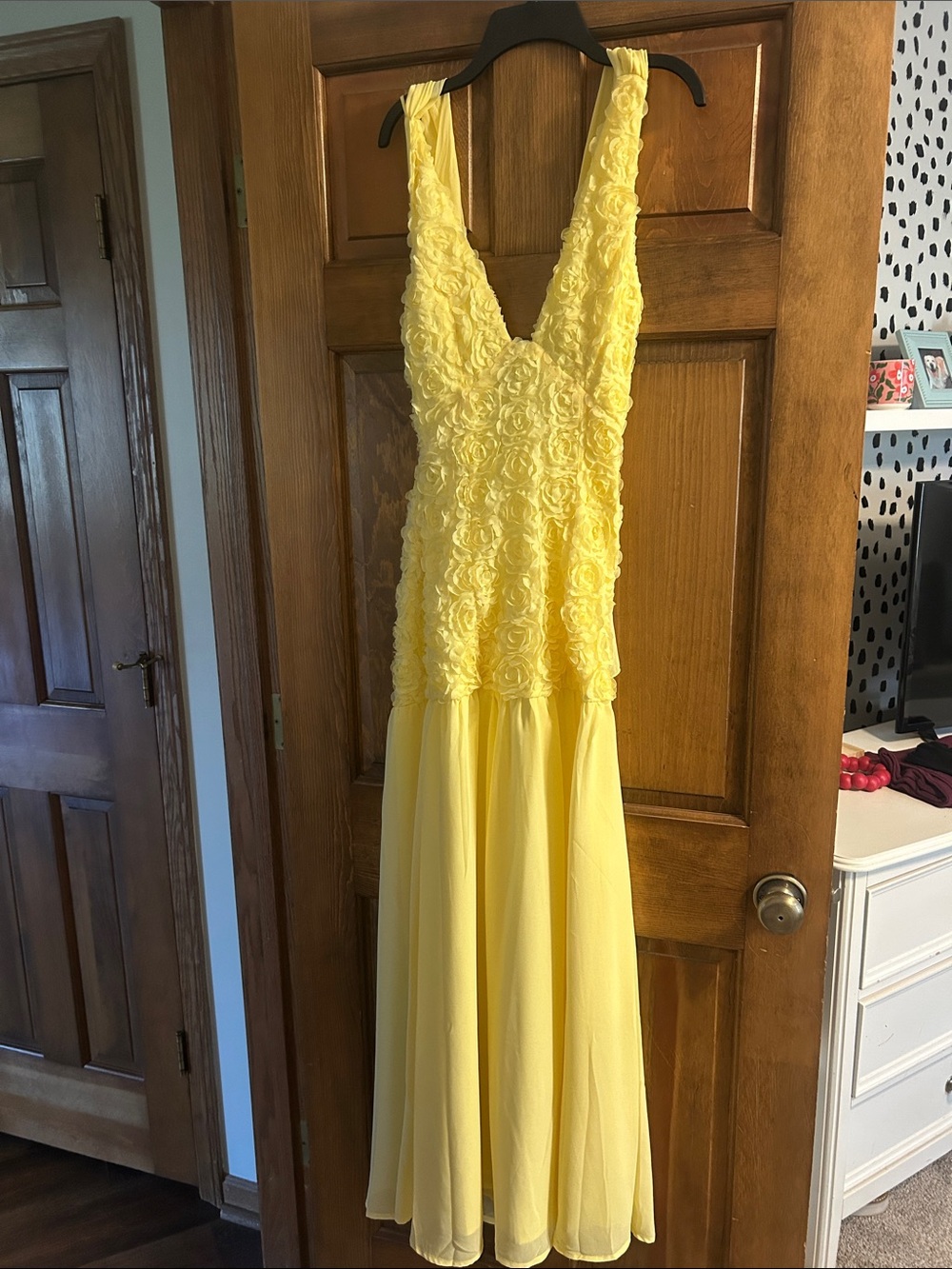 Sunshine Yellow V-Neck Maxi Dress with Rosette Bodice